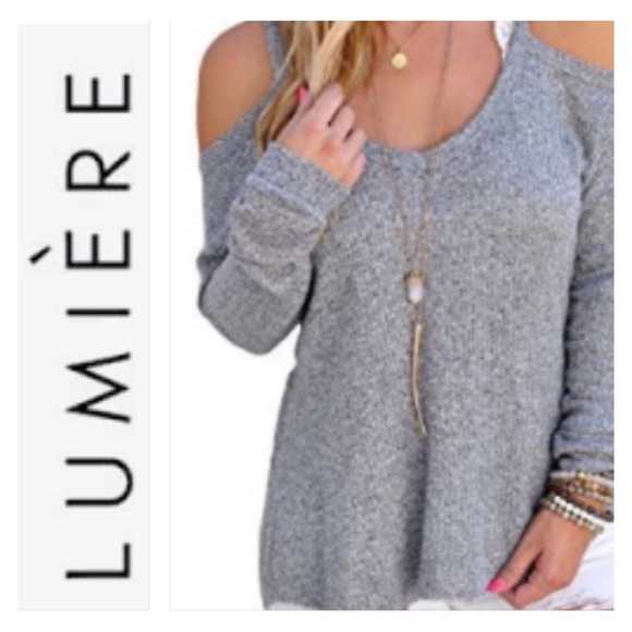 LUMIERE Gray Cold Shoulder Sweater V-Neck Donegal Knit Size S - Picture 2 of 10